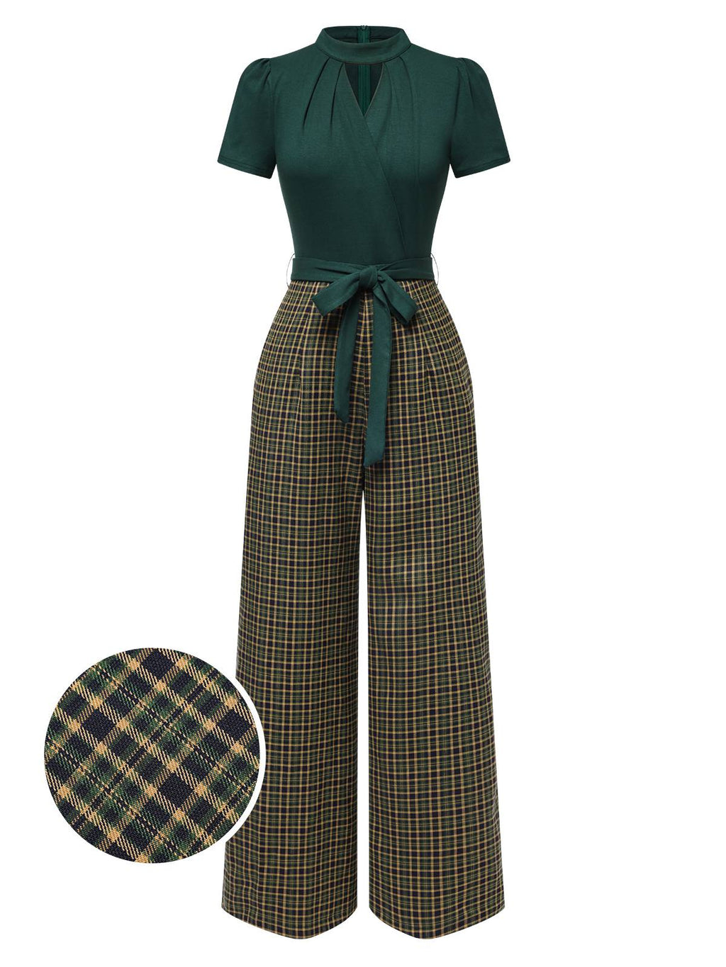 Green belted plaid wide-leg jumpsuit with keyhole neckline, waist tie, and short sleeves