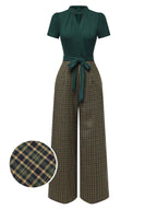 Green belted plaid wide-leg jumpsuit with keyhole neckline, waist tie, and short sleeves
