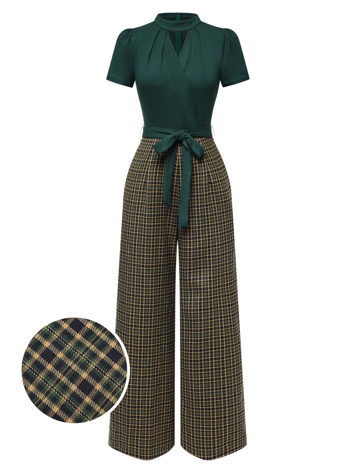 Green belted plaid wide-leg jumpsuit with keyhole neckline, waist tie, and short sleeves