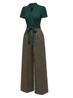 Green belted plaid wide-leg jumpsuit with tied waist and short-sleeve keyhole neckline