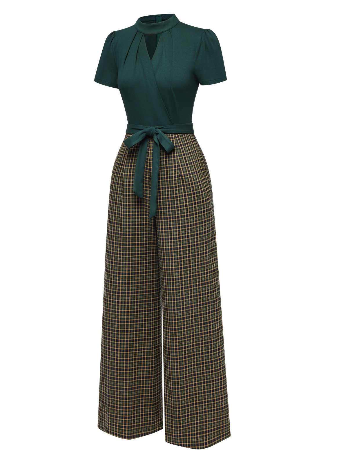 Green belted plaid wide-leg jumpsuit with tied waist and short-sleeve keyhole neckline