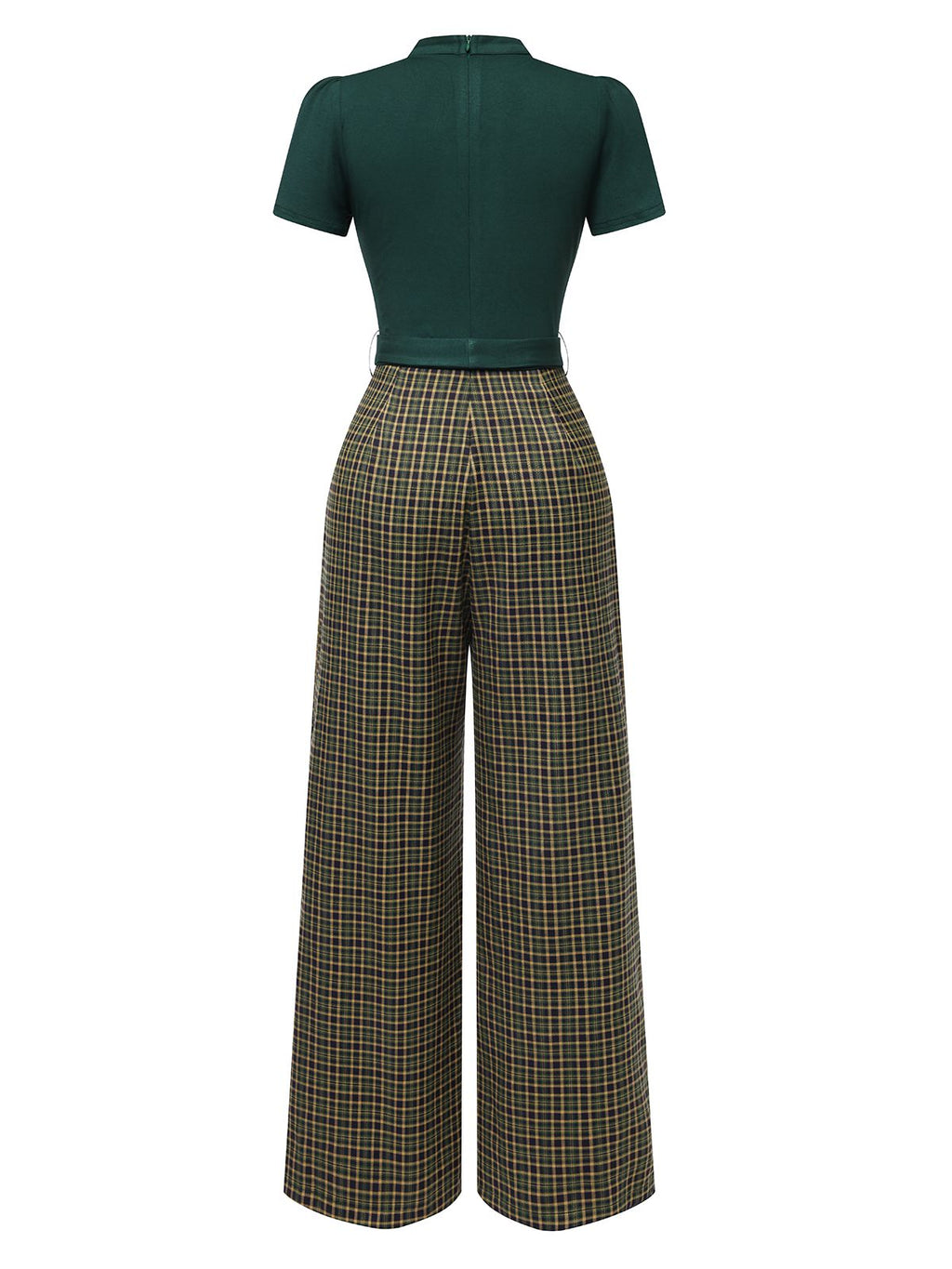 Green belted plaid wide-leg jumpsuit, back view with waist tie and short sleeves