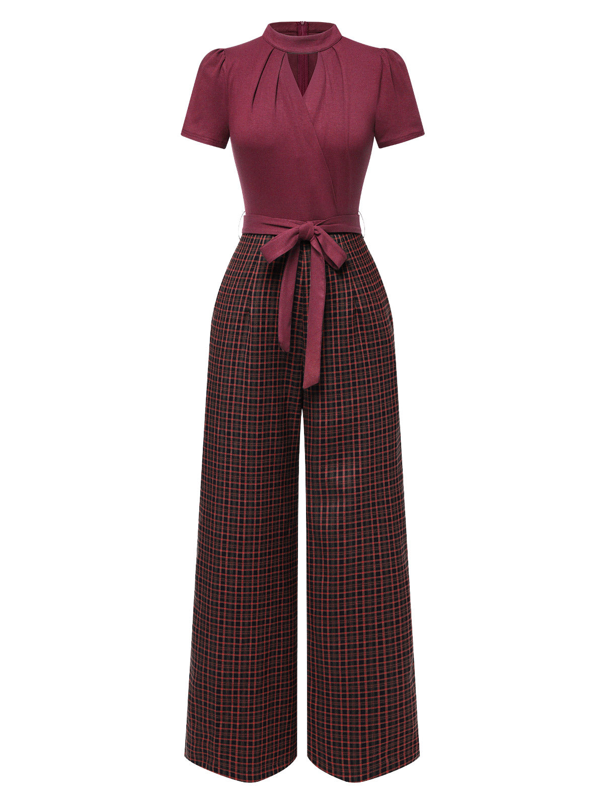 Red belted plaid wide-leg jumpsuit with short sleeves and keyhole neckline