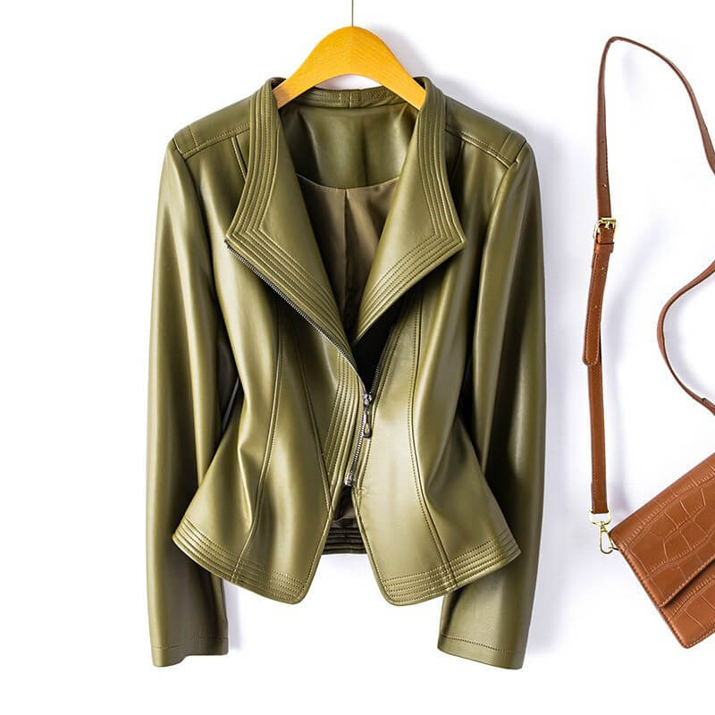 Olive green leather moto jacket with stand collar and zip-front, front view on hanger