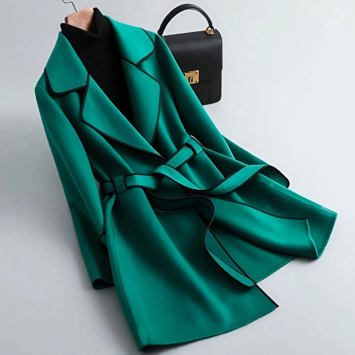 Pine green wool coat with black-trim collar, tie belt waist, and long sleeves