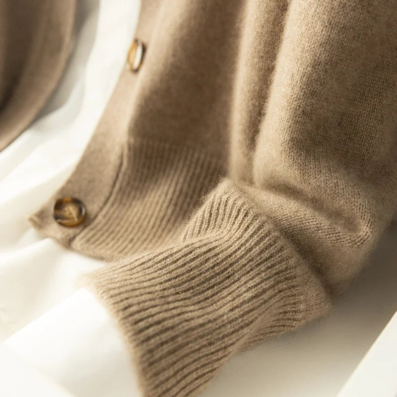 Camel merino wool blend button cardigan sweater with ribbed cuffs and knit hem