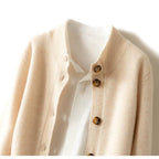 Ivory merino wool blend button cardigan sweater with three front buttons