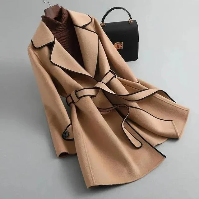 Beige overcoat with notch lapels, waist belt tie, and flap pockets; tailored seams.