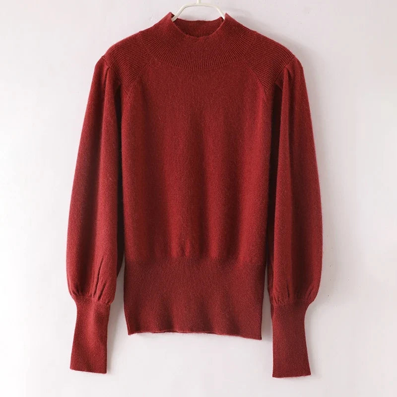 Maroon merino turtleneck sweater with puff sleeves, cropped length