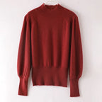 Maroon merino turtleneck sweater with puff sleeves, cropped length
