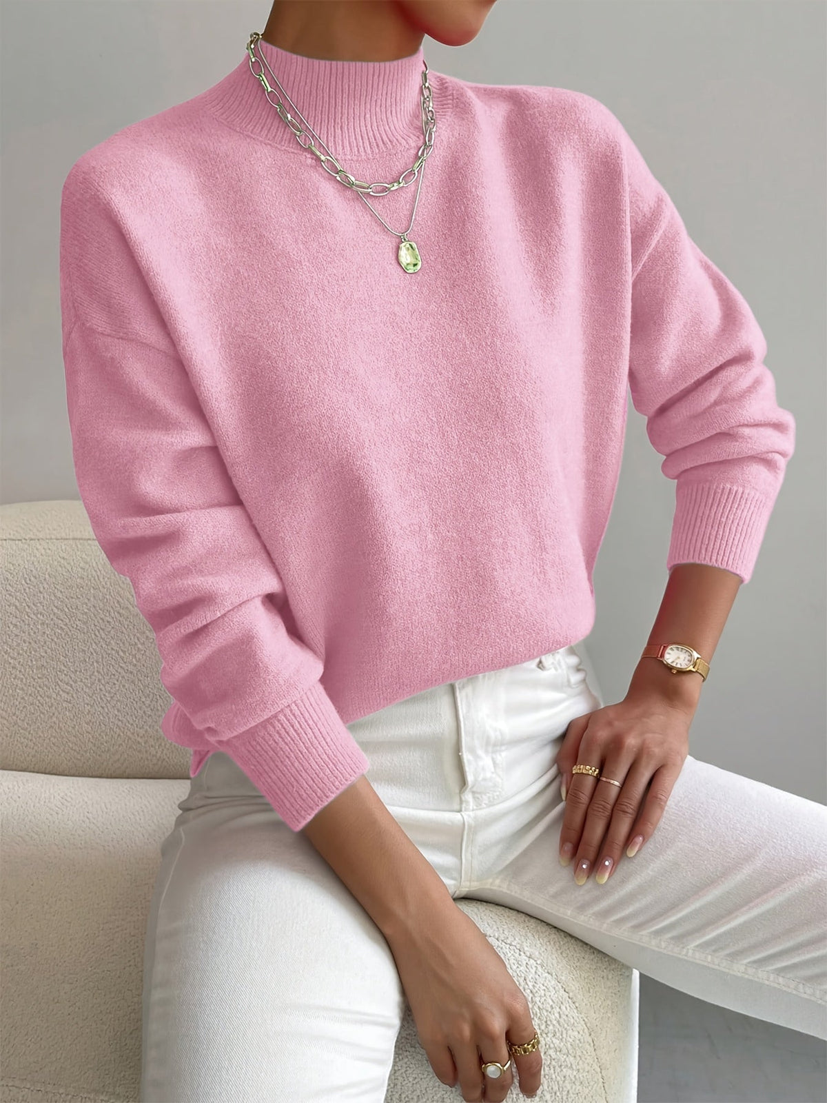 Women’s turtleneck knit sweater, light pink with long sleeves