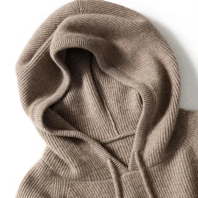 Women’s taupe pullover hoodie close-up with drawstring hood and kangaroo pocket