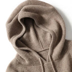 Women’s taupe pullover hoodie close-up with drawstring hood and kangaroo pocket