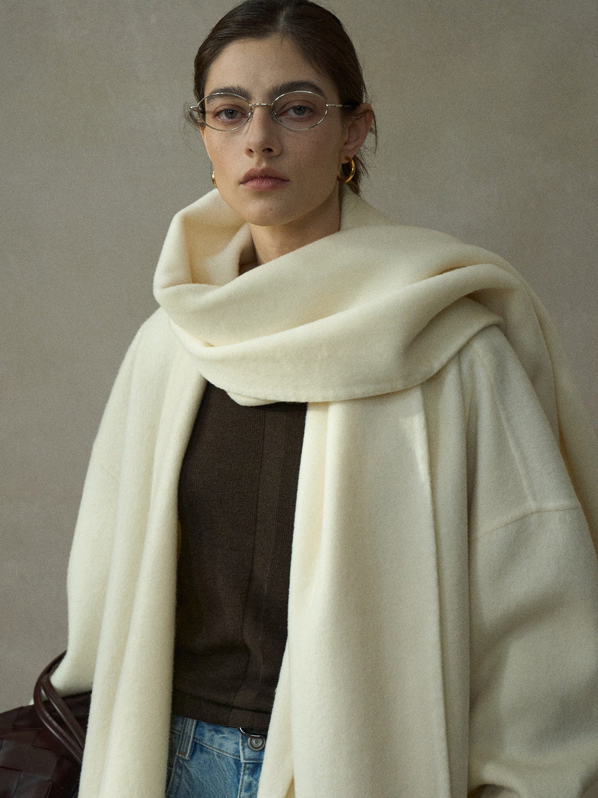 Cream wool wrap coat with matching scarf, hooded neckline and draped scarf