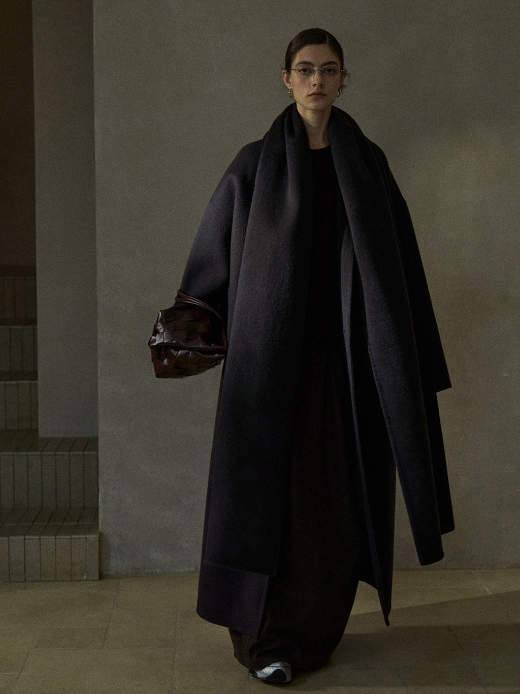 Women's wool wrap coat with matching scarf, angled drape, long sleeves, dark