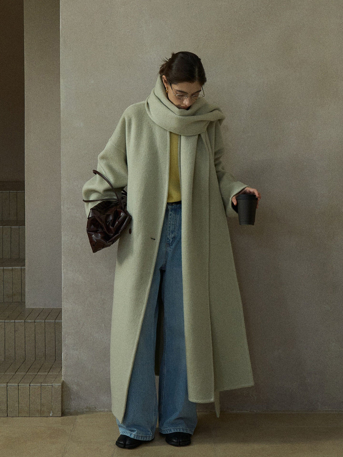 Women's wool wrap coat with matching scarf, draped cowl, long sleeves, sage