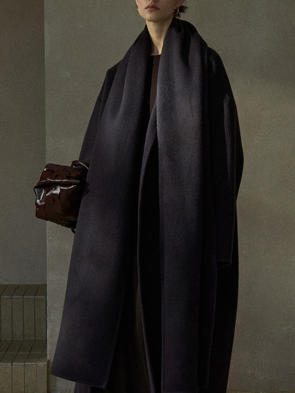 Women's wool wrap coat with matching scarf, draped cowl, long sleeves, dark