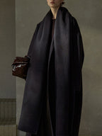 Women's wool wrap coat with matching scarf, draped cowl, long sleeves, dark