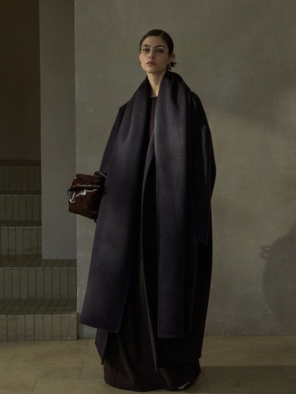 Women's wool wrap coat with matching scarf, full length wrap, draped cowl, dark