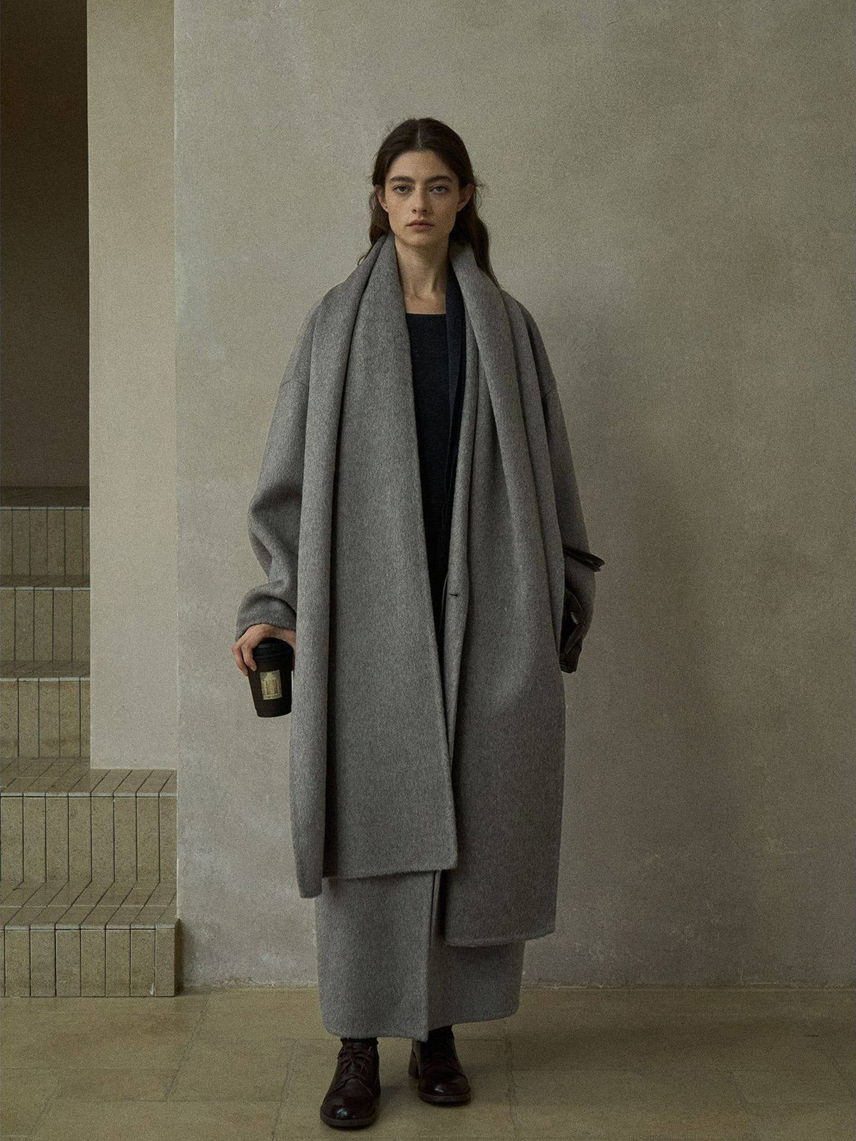 Women's wool wrap coat with matching scarf, front wrap, draped cowl, gray