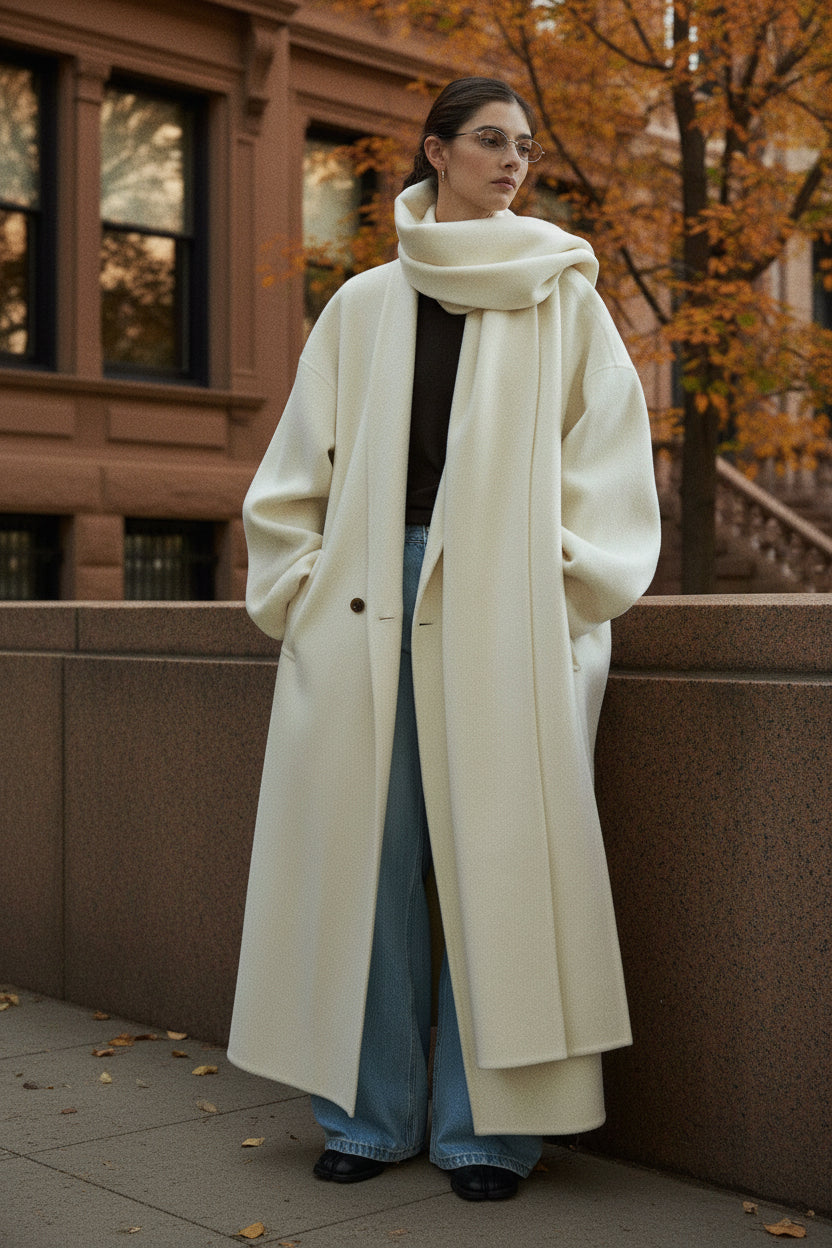 Cream wool wrap coat with matching scarf, wide sleeves and button detail