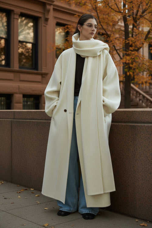 Cream wool wrap coat with matching scarf, wide sleeves and button detail