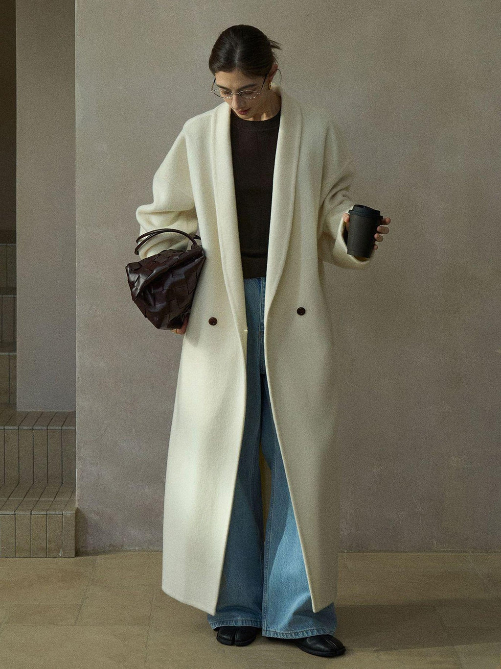 Cream wool wrap coat with matching scarf, open front and long lapels