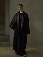 Women's wool wrap coat, dark color, long with wide sleeves