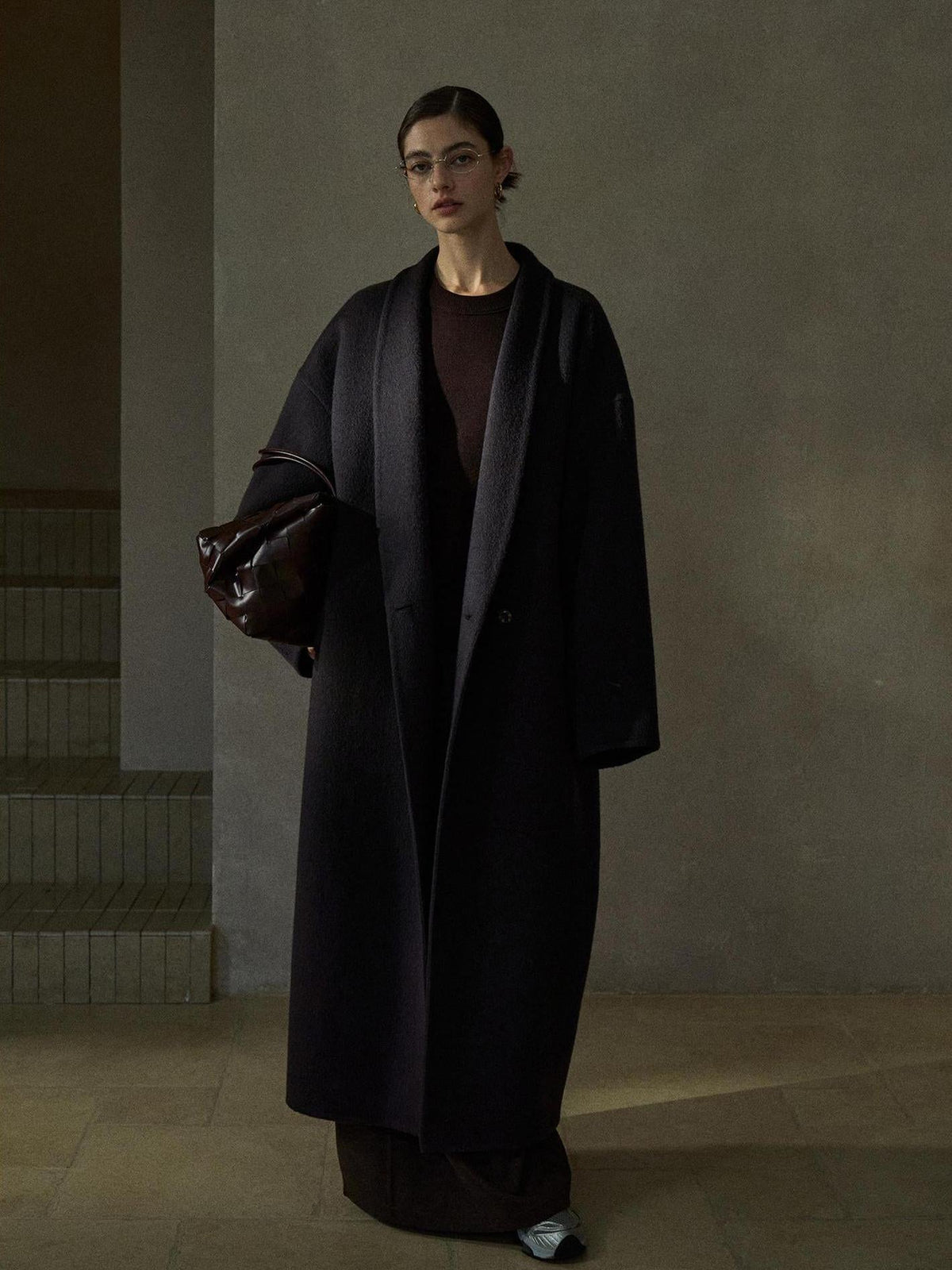 Women's wool wrap coat, dark color, long with wide sleeves