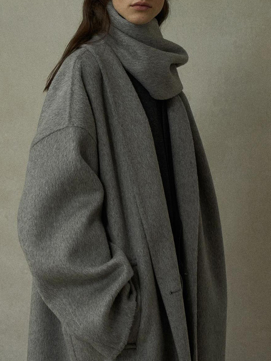 Women's wool wrap coat with matching scarf, draped cowl, long sleeves, gray