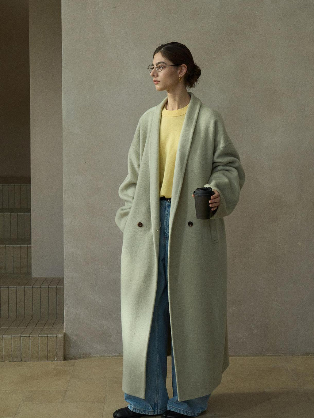 Women's wool wrap coat, sage green, long with buttoned front
