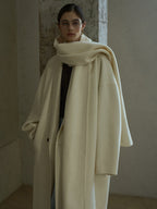 Cream wool wrap coat with matching scarf, high collar and long buttoned front