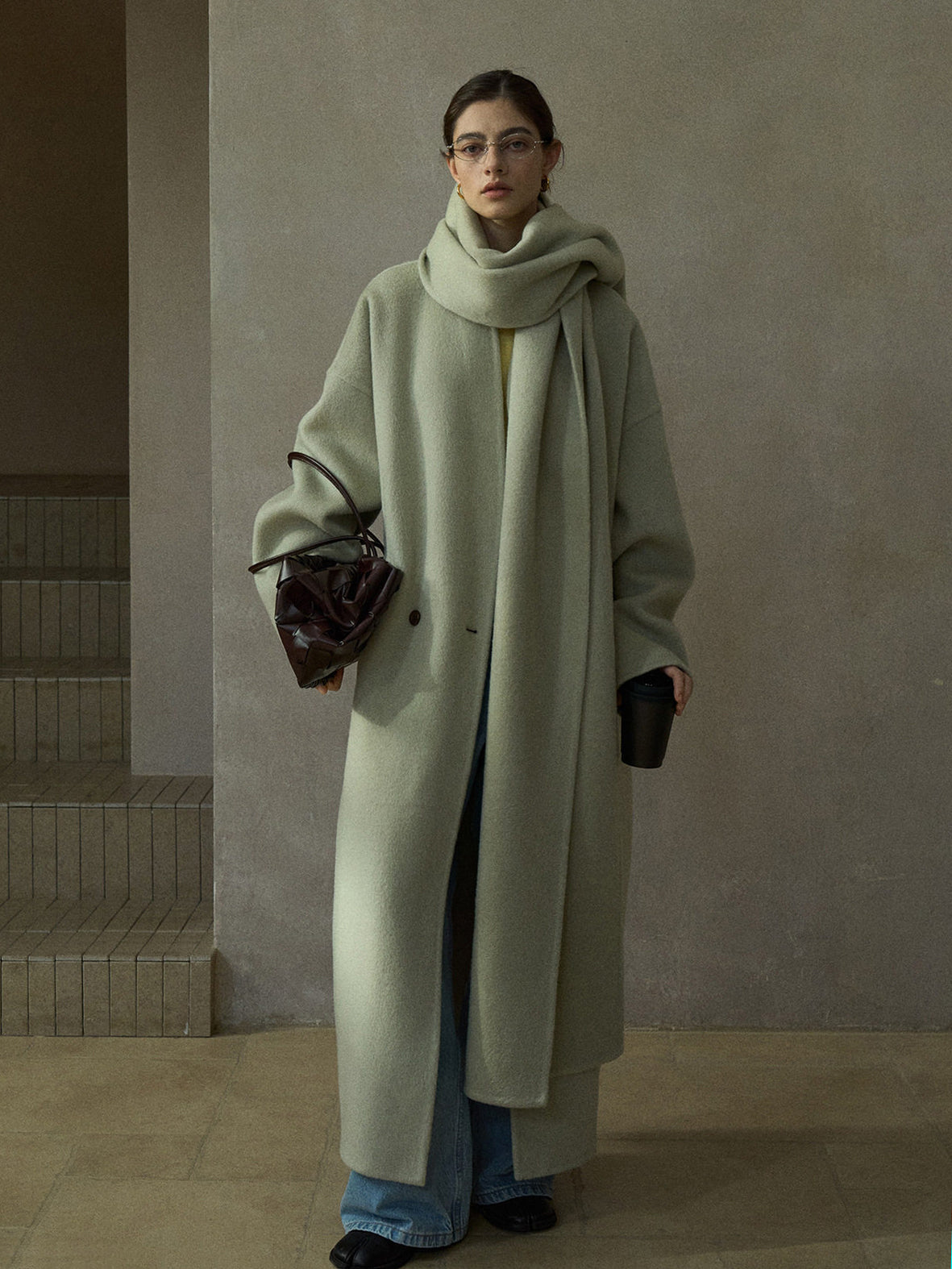 Women's wool wrap coat with matching scarf, sage green, oversized lapels