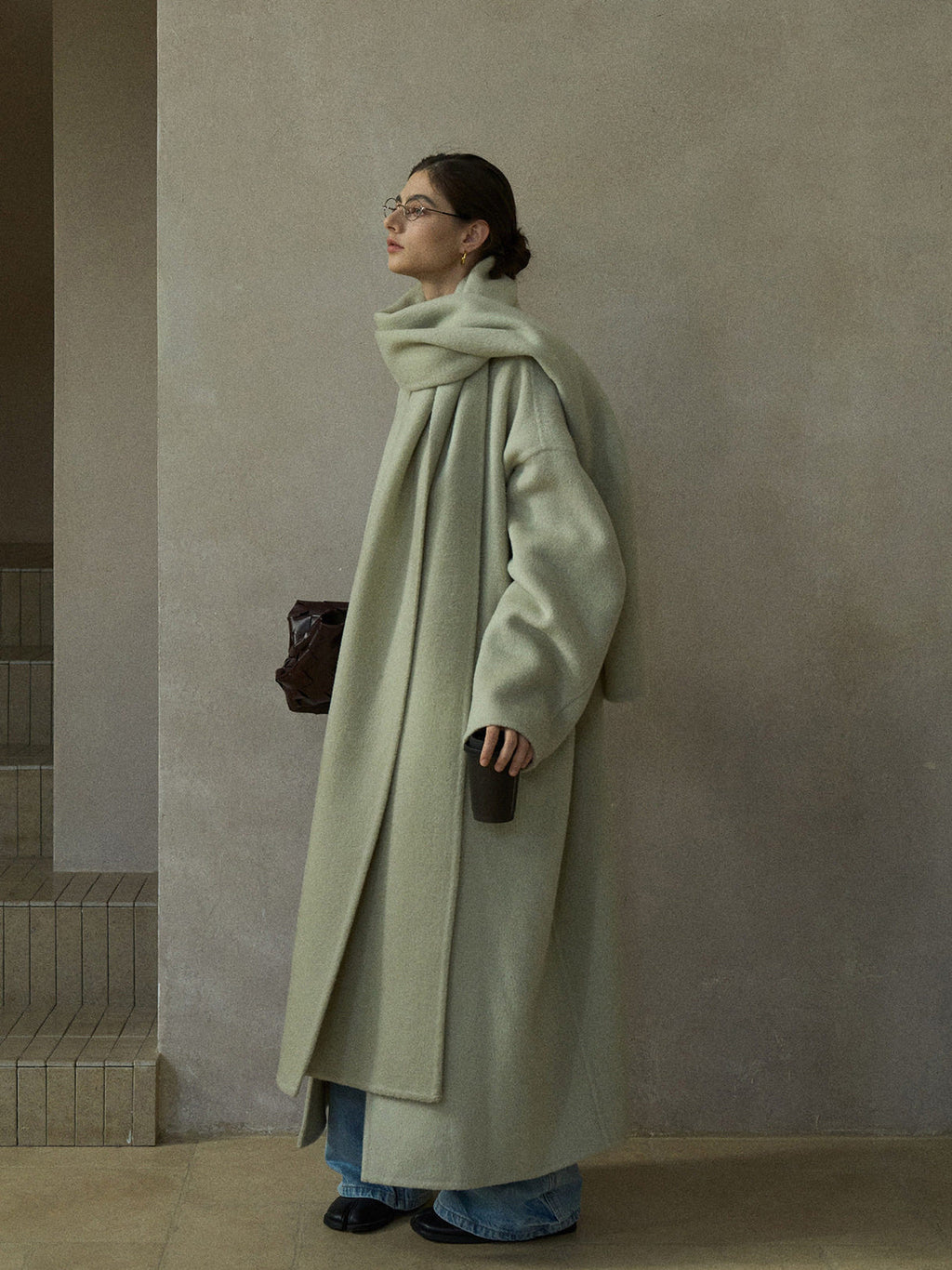 Women's wool wrap coat with matching scarf, side drape, long sleeves, sage