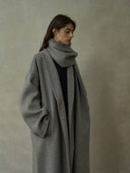 Women's wool wrap coat with matching scarf, side drape, long sleeves, gray