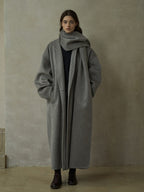 Women's wool wrap coat with matching scarf, wrap front, draped cowl, gray