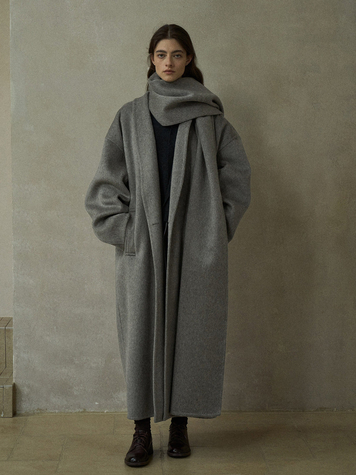 Women's wool wrap coat with matching scarf, wrap front, draped cowl, gray