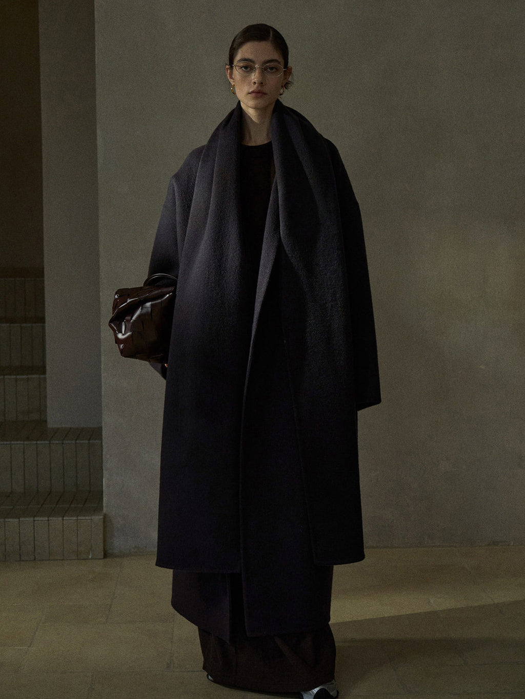 Women's wool wrap coat with matching scarf, wrap front, draped cowl, dark