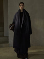 Women's wool wrap coat with matching scarf, wrap front, draped cowl, dark