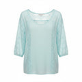 Light blue breezy blouse with V-neck and lace eyelet sleeves