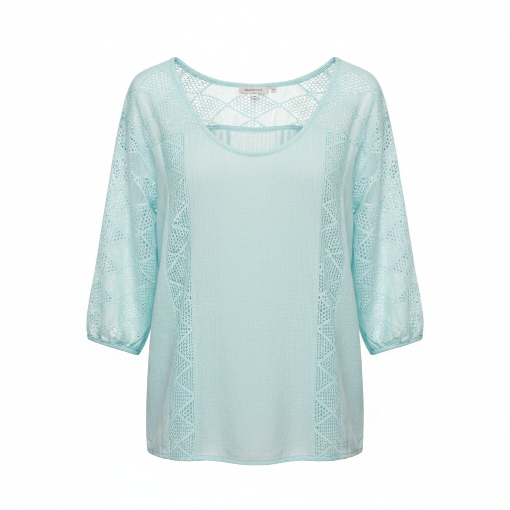 Light blue breezy blouse with V-neck and lace eyelet sleeves