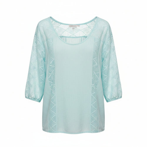 Light blue breezy blouse with V-neck and lace eyelet sleeves