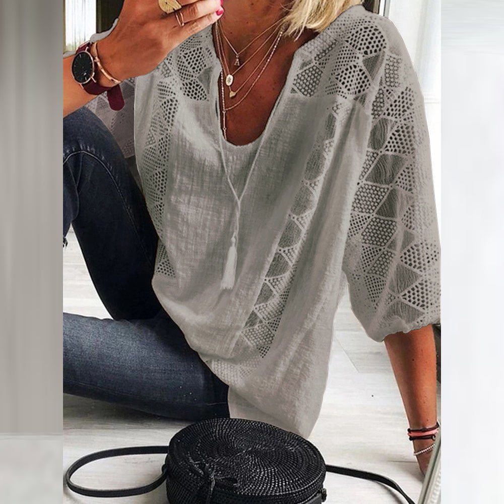 Light grey breezy blouse with V-neck and lace eyelet sleeves