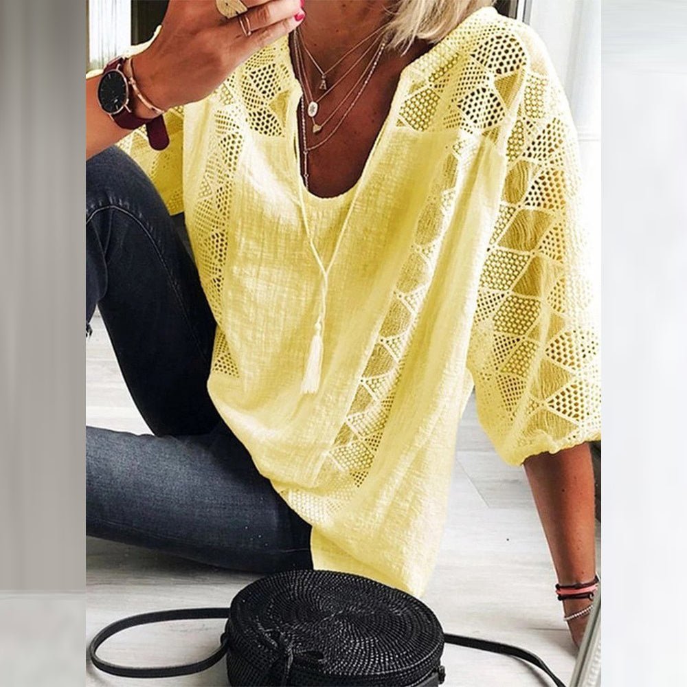 Yellow breezy blouse with V-neck and lace eyelet sleeves, loose fit
