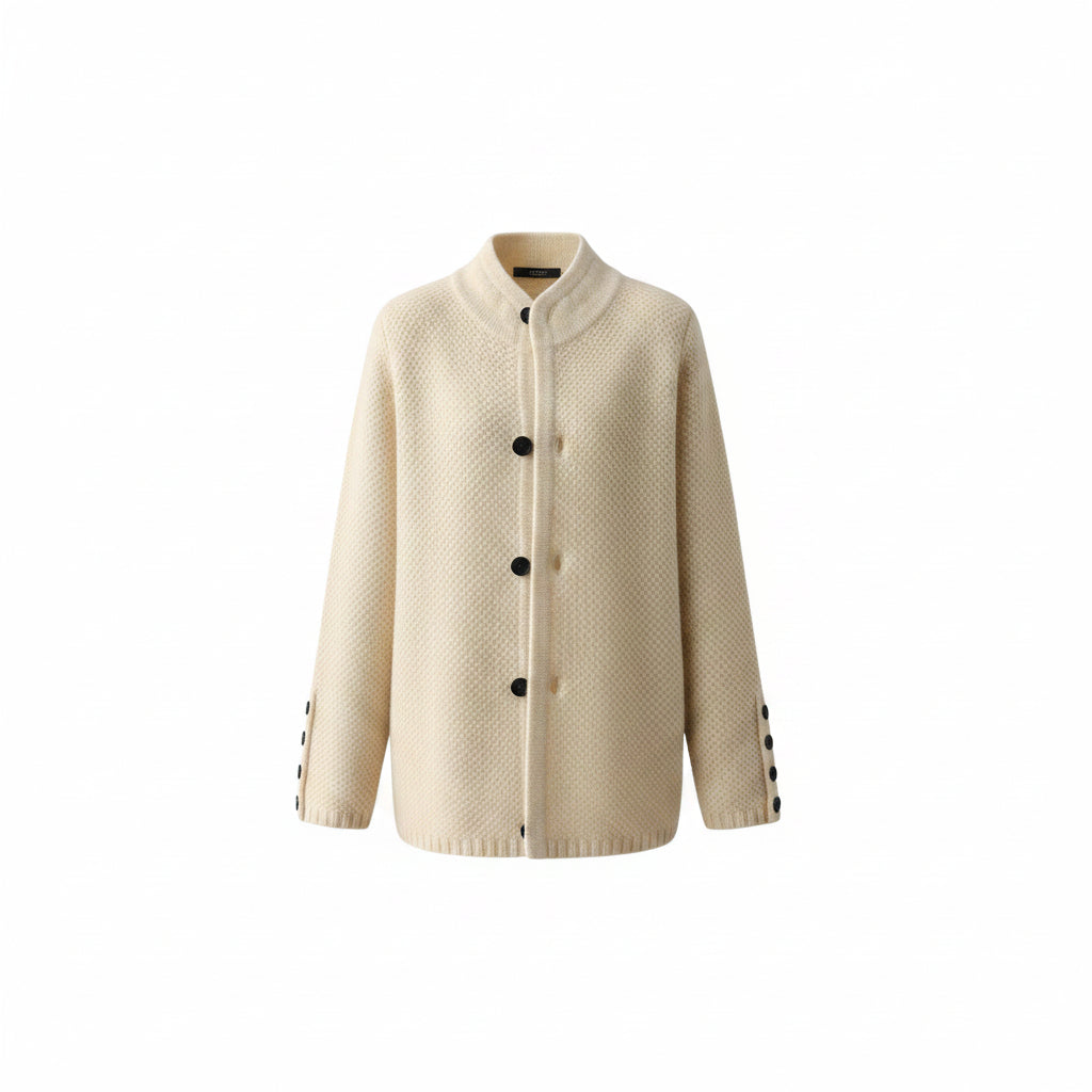 Cream white button-up cardigan with small dark buttons, relaxed fit, long sleeves