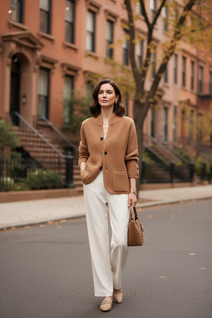 Camel-brown button-up cardigan with dark buttons, textured knit, long sleeves
