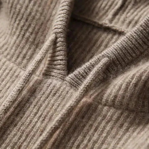 Women’s hoodie neckline with ribbed trim and drawstring opening in beige knit