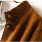 Fire orange cardigan close-up of button placket and ribbed collar.