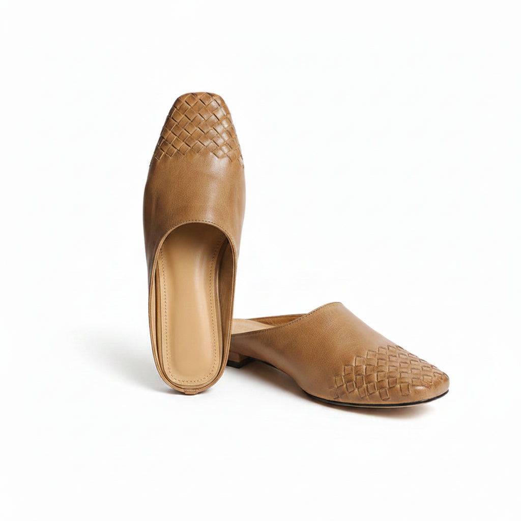Genuine leather mules with woven upper, pointed toe, low heel, tan/brown color