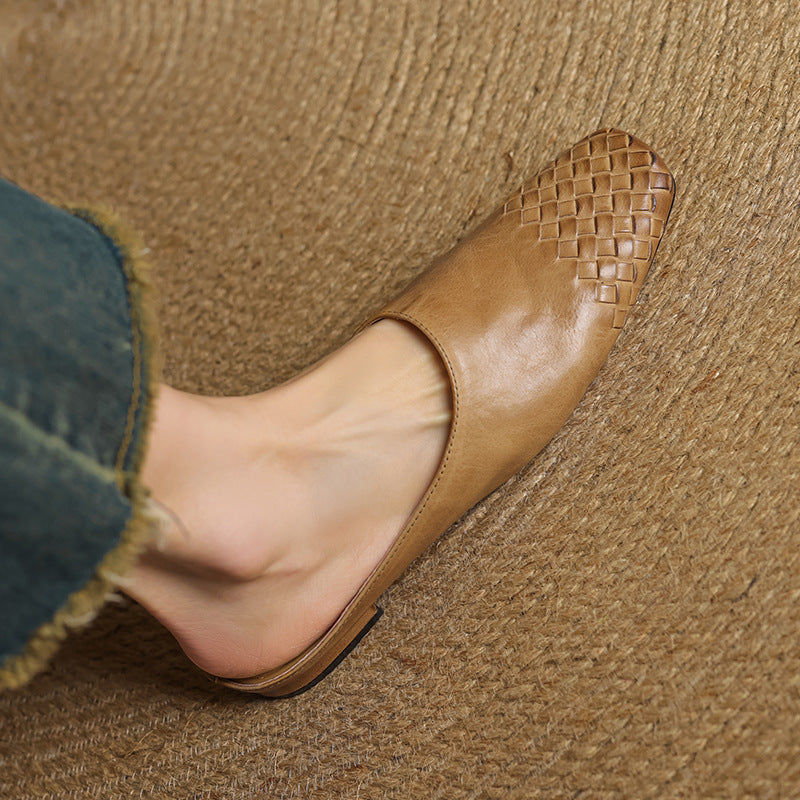 Tan/brown leather mules with braided woven pattern, slip-on fit, pointed toe